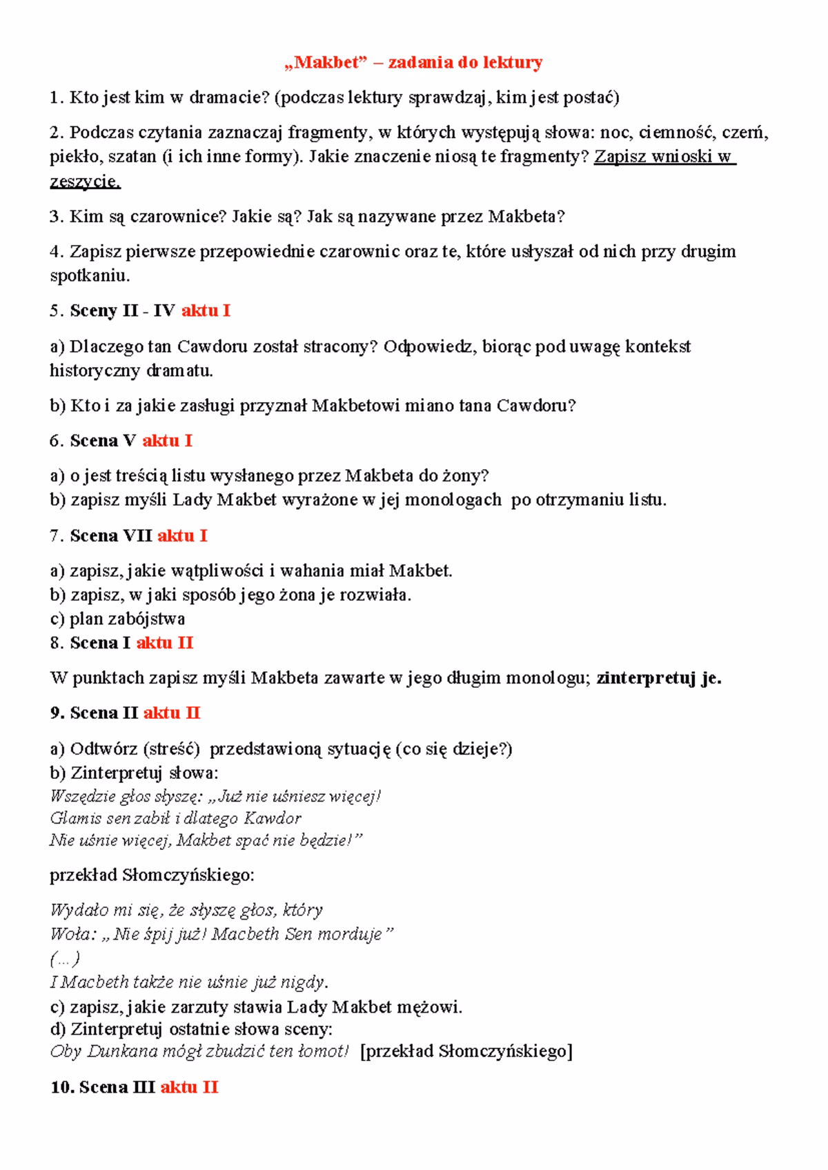 Uczniowie w której klasie czytają Makbeta?