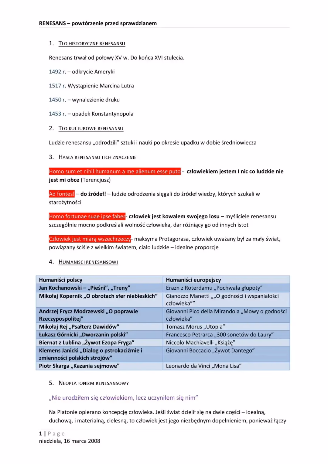 W której klasie jest renesans?