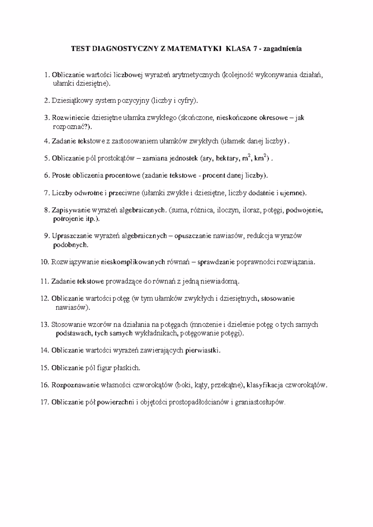 Na czym polega test diagnostyczny z matematyki?